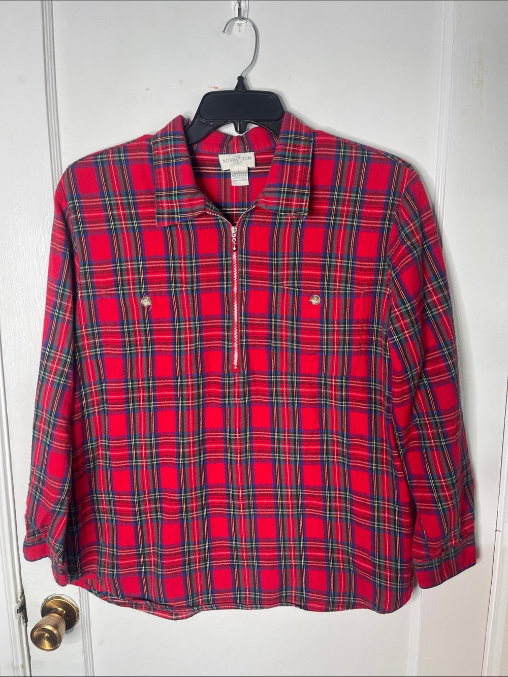 Nordstrom L Plaid Flannel Shirt Quarter Zip Red Tartan Large Cotton USA 90s Vtg